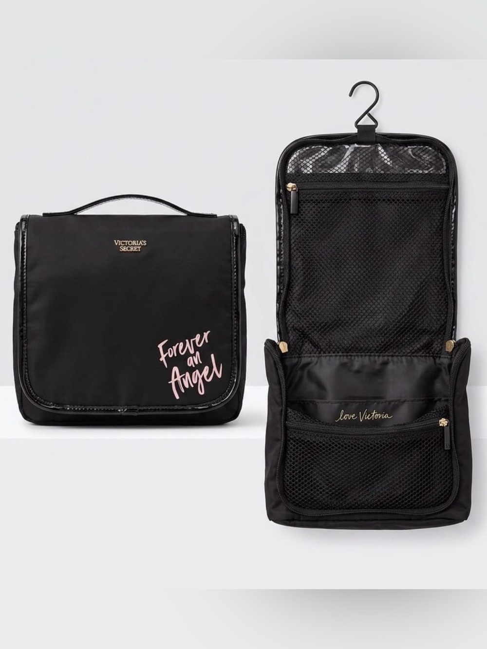 Victoria's Secret NWT Black Cosmetic Bag Set with Pink Forever and Angel - Picture 2 of 2